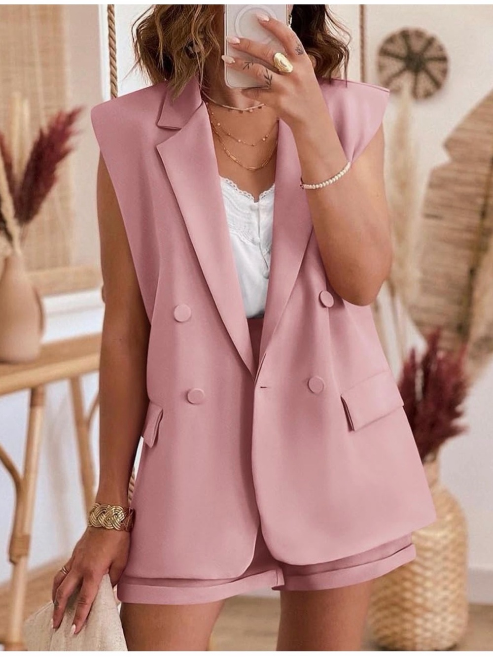 Sleeveless Double-Breasted Pink Blazer and Shorts Set